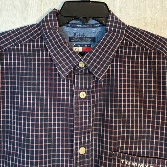 VTG Tommy Hilfiger Checker Pattern Long Sleeve Button Front Shirt EUC Flag SZ XL - Picture 8 of 10
